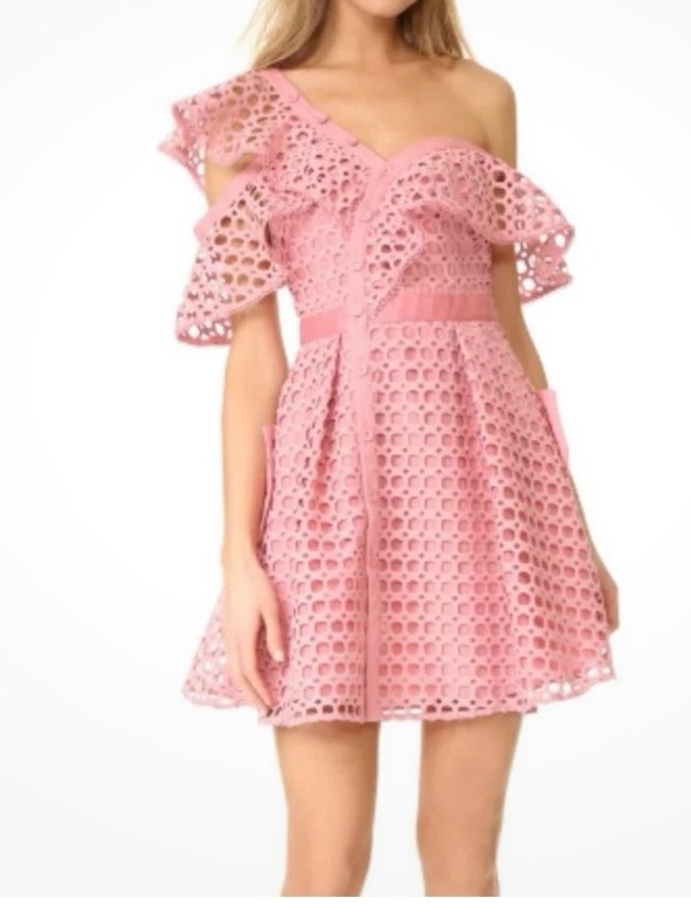 Self-Portrait Pink One-Shoulder Eyelet Ruffle Dress - Picture 4 of 4
